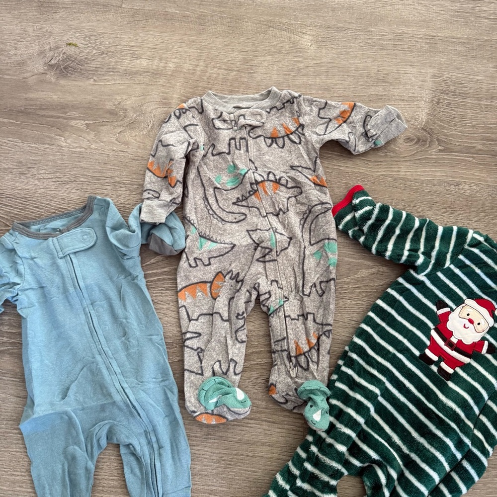 3 Baby Footed Pajamas Santa, Dinos, Blue Size Newborn - Picture 3 of 7